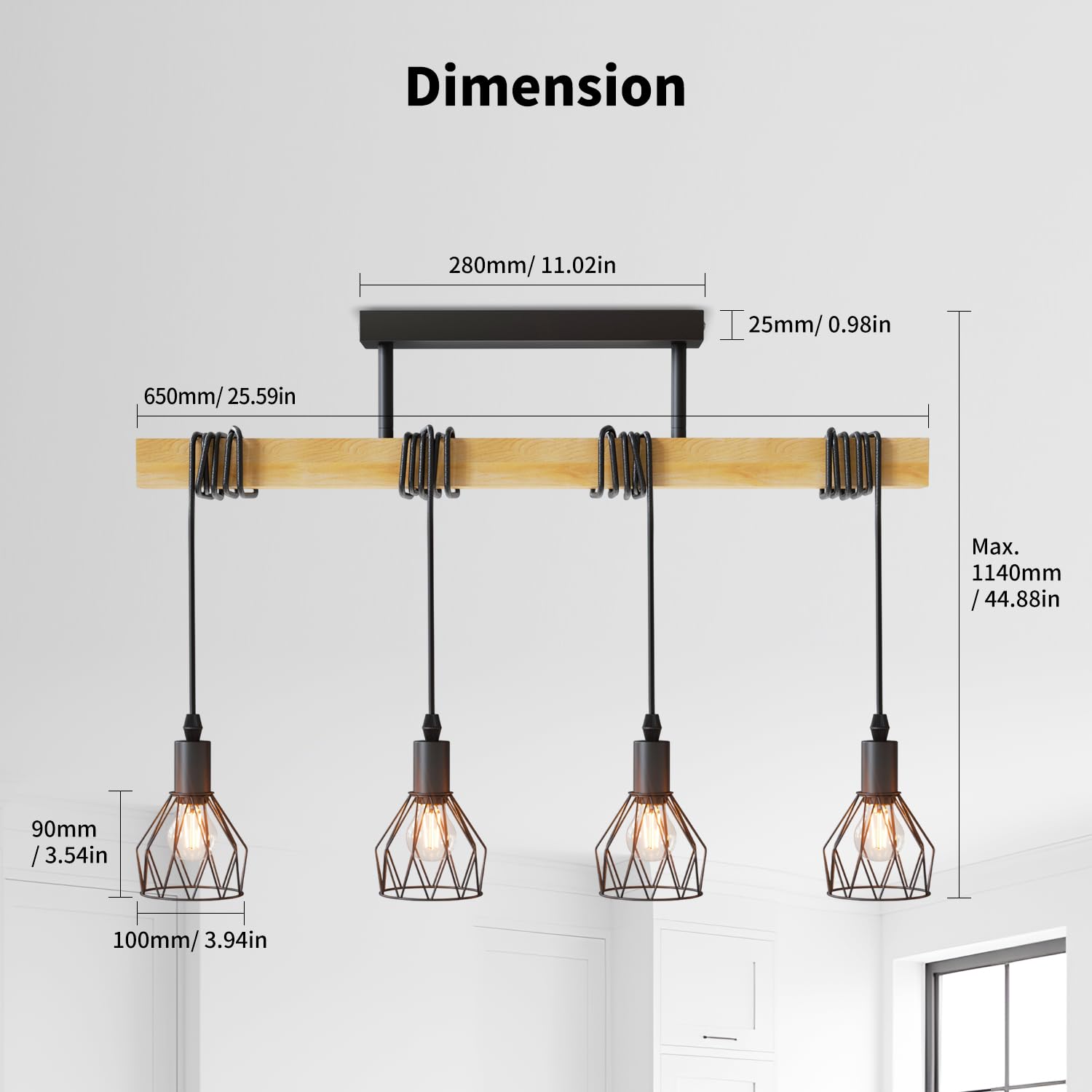LVWIT Lampara de Techo Colgante Negro, Lamparas Colgantes de Techo Salon,Lámpara de Techo Vintage, Lámparas Colgantes con 4 Luces E14,Ideal para Cocina,Comedor,Dormitorio,Bar,Restaurante(Sin Bombills) — view 4
