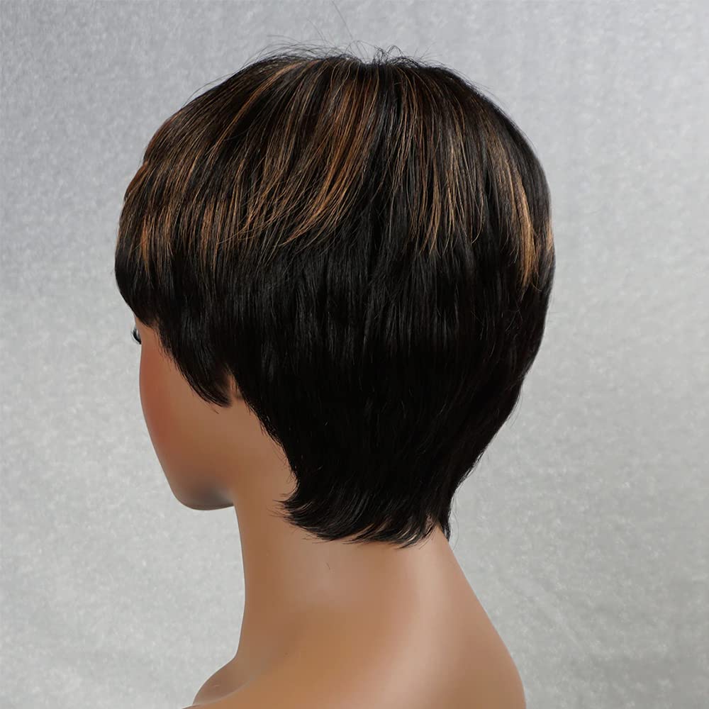 Riconey Ombre Short Bob Wig Human Hair Pixie Cut Wig with Bangs None Lace Front Wig for Women Full Machine Made Wig 1B/30/27 (8 Inch 130% Density)