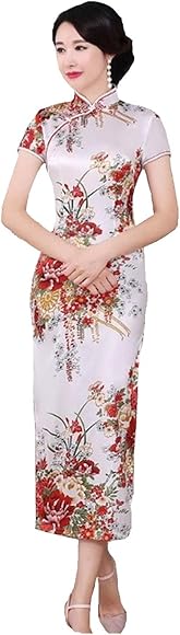 Amazon | チャイナドレス 本格 サテン 詰襟 スリット ロング 半袖 旗袍 マンダリン ドレス レディース 花柄 (M, 白) | レディース 通販
