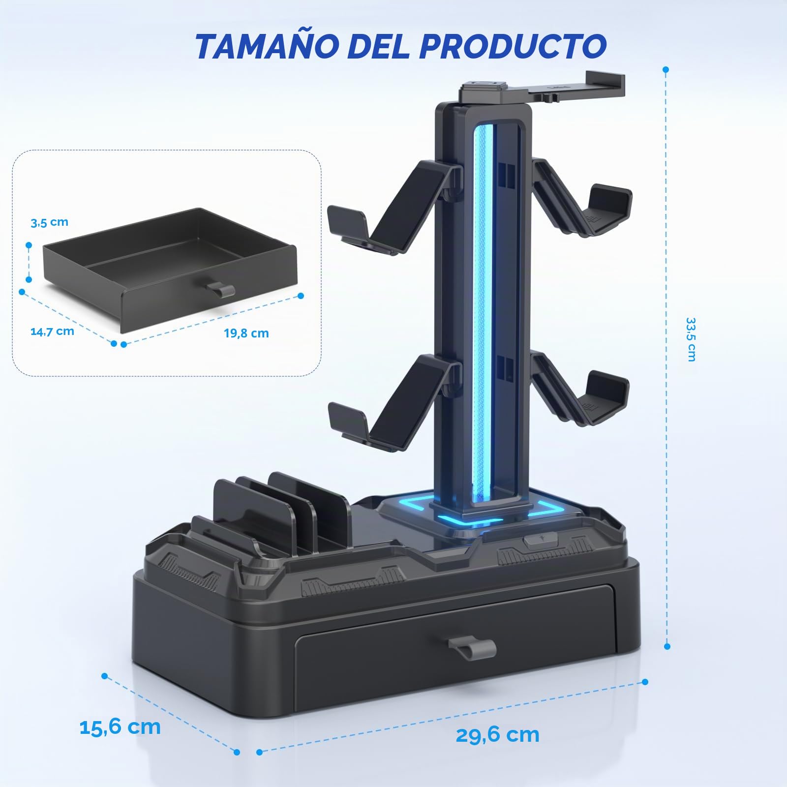 KDD Soporte Auriculares Gaming con Cargadores USB A Tip C, Soporte Cascos Gaming & Soporte Mandos PS5 Extraíble con Cajón para Móviles Tabletas para Escritorio Gamer Accesorios Gaming PC