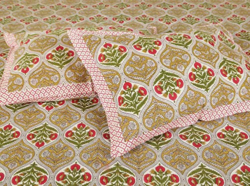 Image of 300 TC 100% Cotton Bedsheet for Double Bed King Size with 2 Pillow Covers | Breathable & Super Soft Rajasthani Sanganeri Jaipuri Printed Bed Sheet - 90 * 108 Inches (Damask Brown)