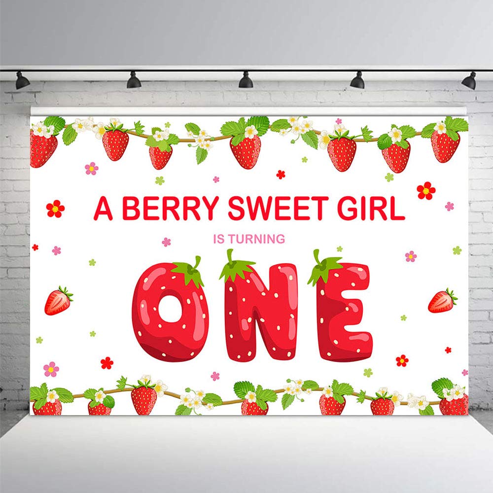 MEHOFOND Strawberry Girl First Birthday Party Photo Background Banner Berry Sweet Girl 1st One Birthday Red and Green Fruits Backdrops Props for Cake