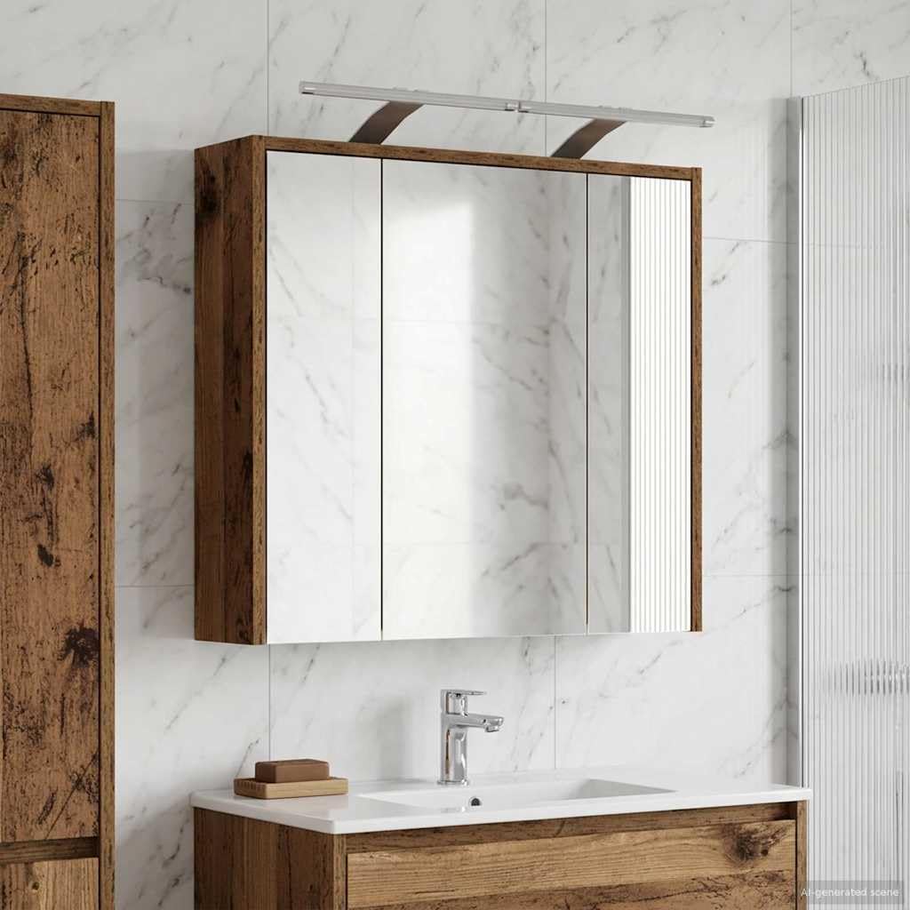 Szafka łazienkowa z lustrem stare drewno, 63,5 x 16 x 62,5 cm, materiał drewnopochodny z paskami LED, regulowane regały, montowane na ścianie, miejsce do przechowywania, dwustronne lustro do