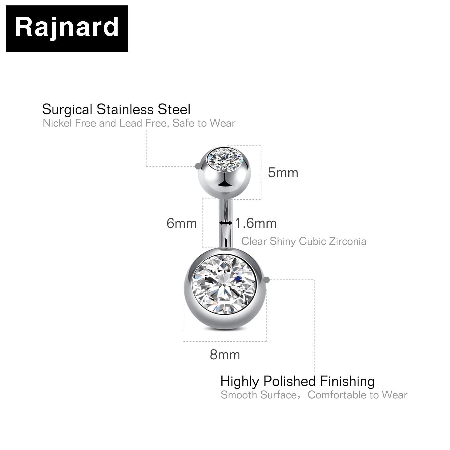 Piercing Ombligo 14G Acero Quirúrgico CZ Bead Diamond Joyería