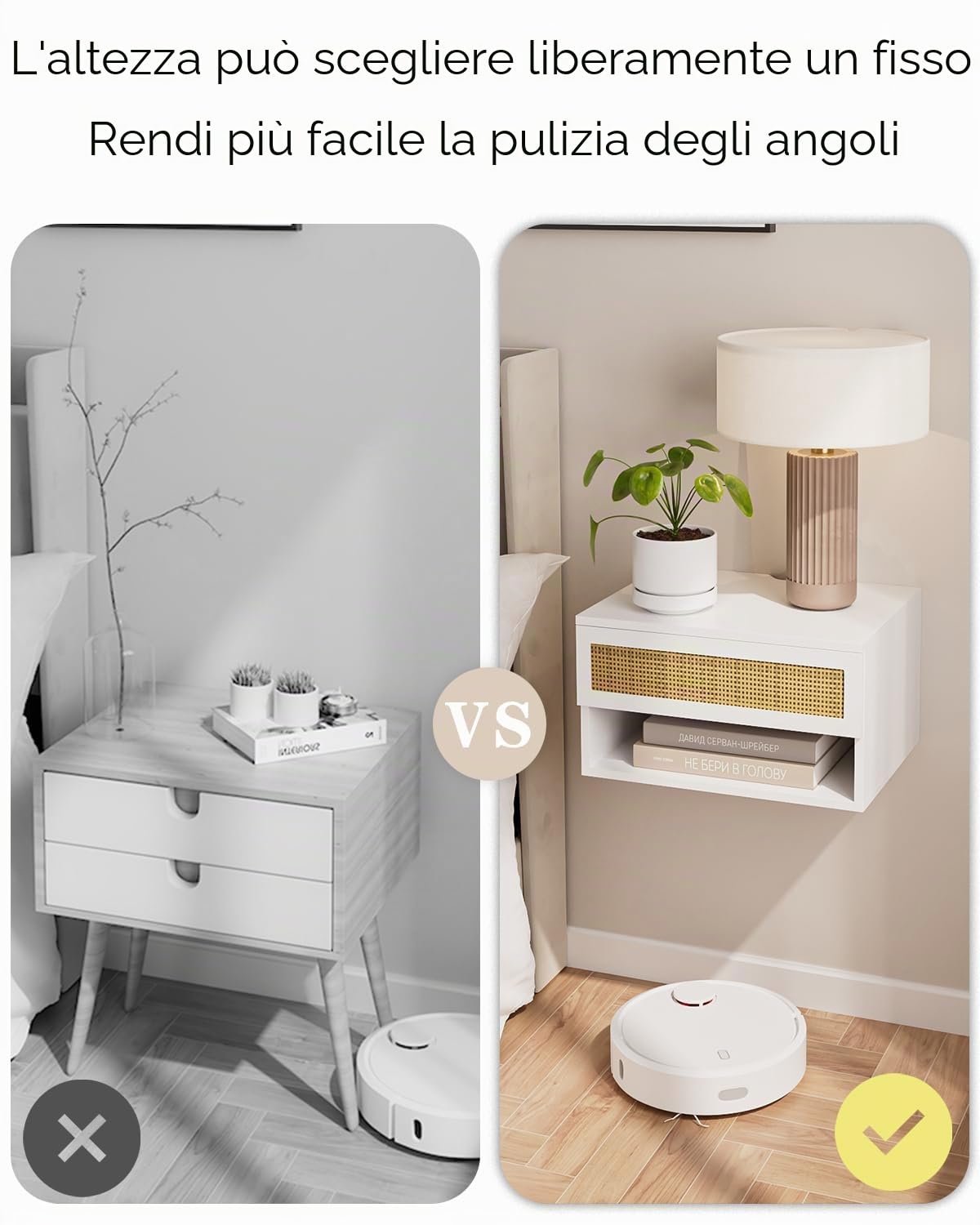 HEYZOEY Comodino sospeso, piccolo comodino sospeso moderno con cassetto, scaffali per camera da letto, bagno (rattan bianco)