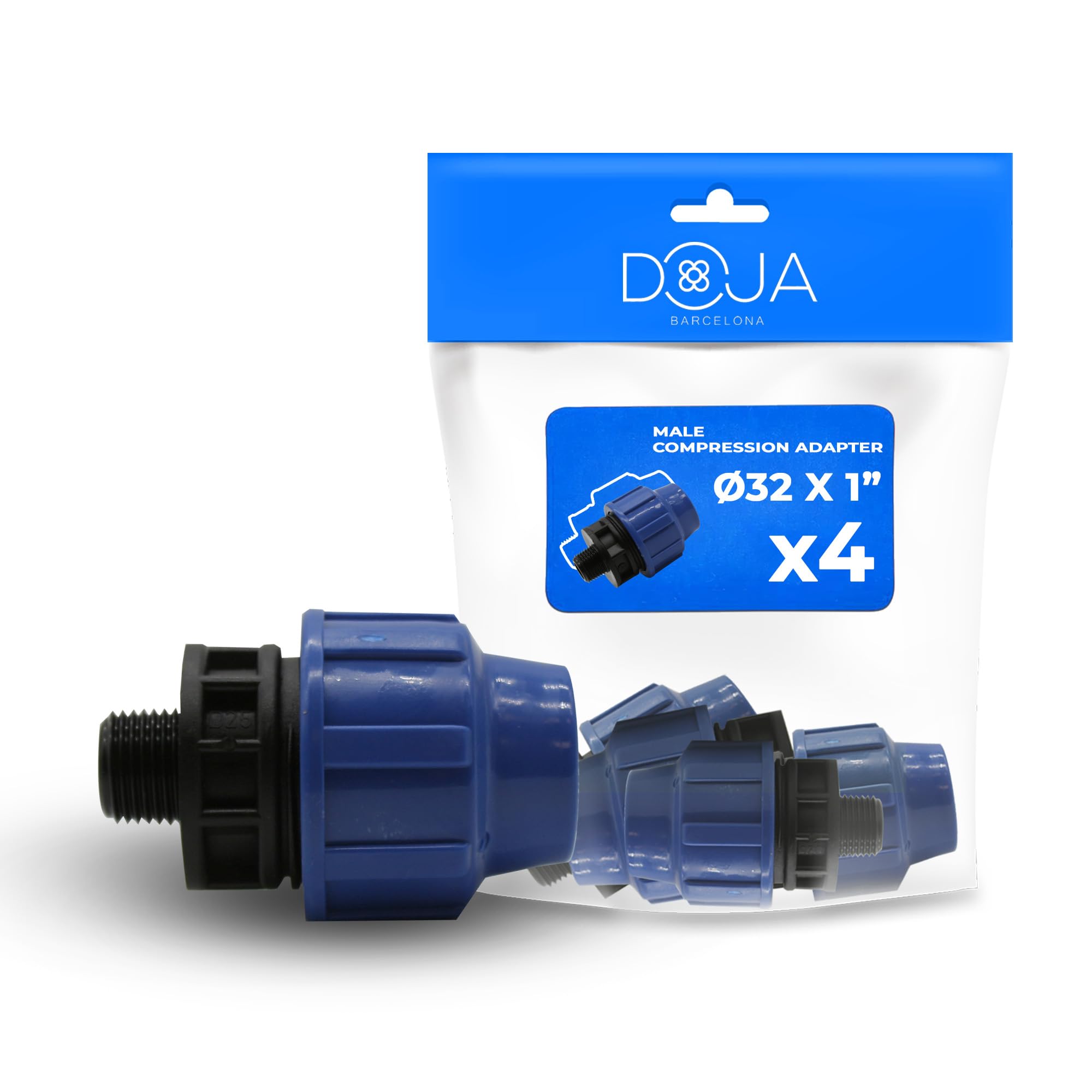 DOJA Barcelona Connettore a Compressione MDPE Maschio - 32x1" - Pack 4 - Raccordo per Tubo Acqua PP, Giunzione Rapida Sicura, Resistente, Installazione Facile, Connettore per Tubi, Raccordi