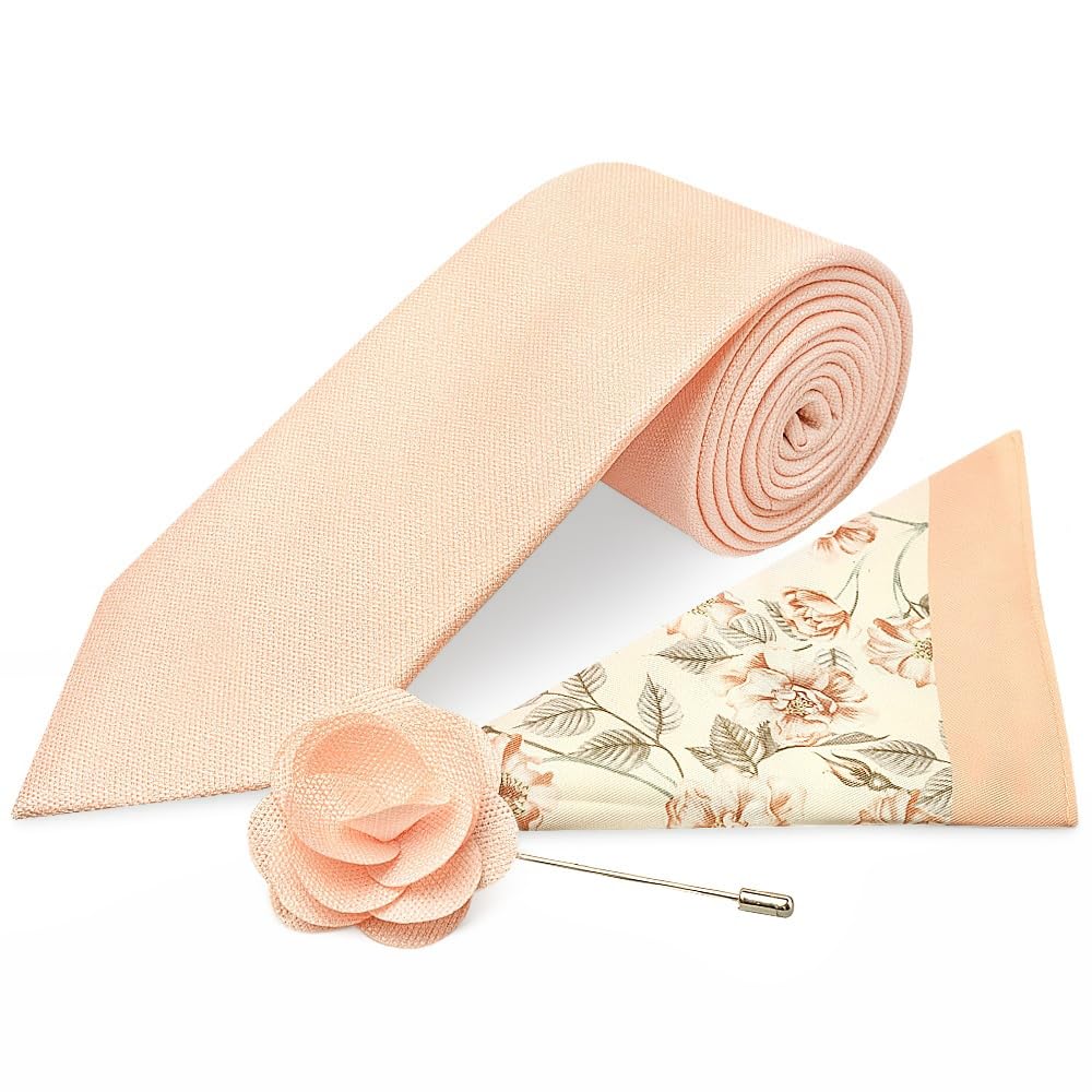 Ties R Us Men's Peach Classic Tie With Pocket Square And Lapel Pin Set