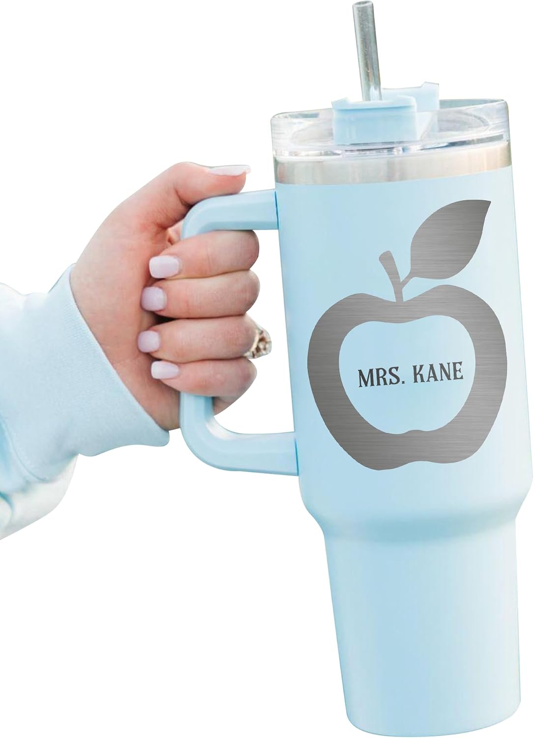 Monogram Apple Name Personalized Laser Engraved 40 oz Large Tumbler with Handle, Straw and Lid, Teacher Gifts, Best Teacher Gifts from Student, Teacher Stainless Steel Insulated Cup