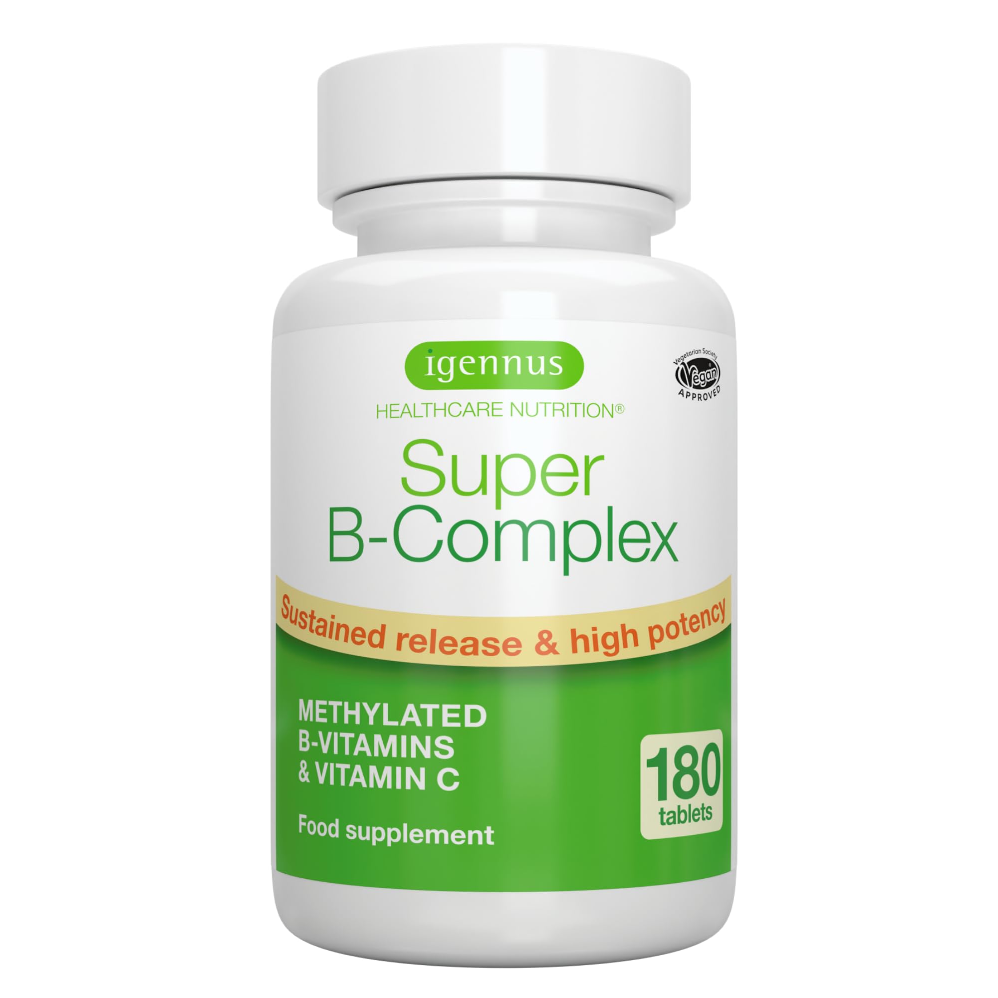 Igennus Super B-Complex - High Absorption Methylated B Vitamins, Clean Label, 180 Sustained Release Tablets - Complete Spectrum of B Vitamins with Folate, Boosted B12 & Vitamin C, 90 Servings