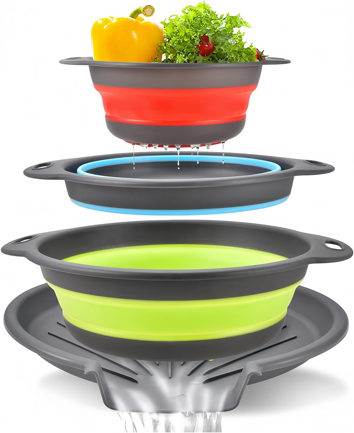 Collapsible Colanders Food Strainers, 3-Pack Foldable Kitchen Strainers with Over-Sink Water Draining Tray, Space Saving Kitchen Drainer for Vegetables, Fruit, Pasta and Rice (Blue-Red-Green-Gray)