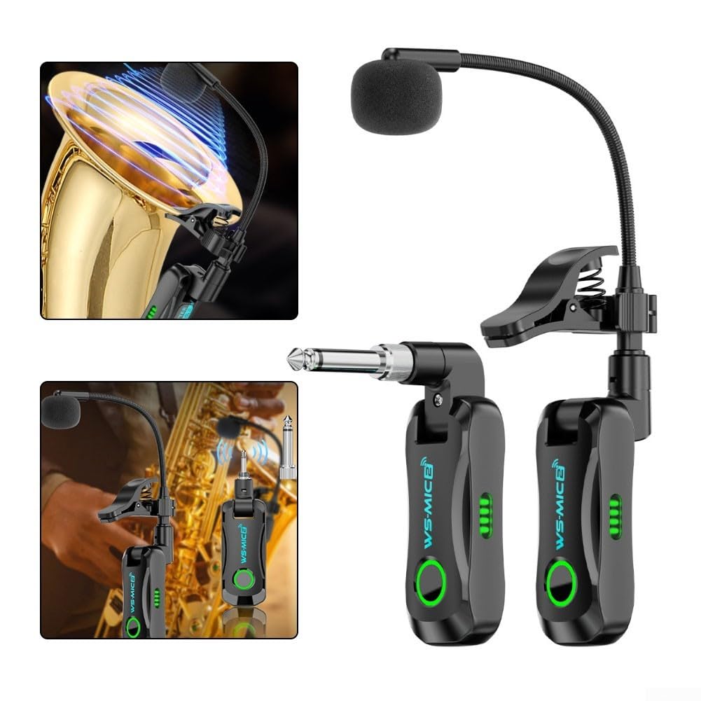 Sistema de micrófono inalámbrico para saxofón 48K 16bit audio digital baja latencia 12ms 40M rango batería de litio recargable 2 4GHz banda clip en para saxofón trompeta negro