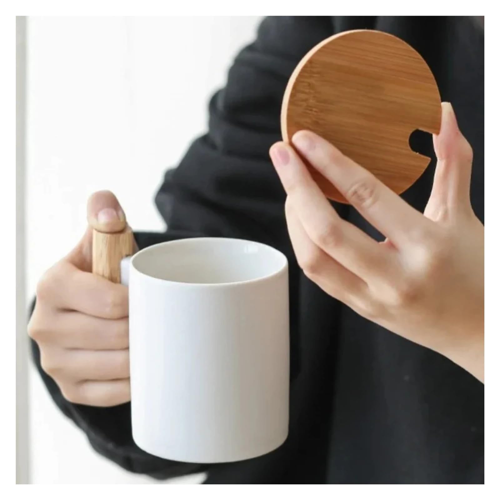 Tasse Mit Deckel 2 stücke 310ml Keramik Holz Griff Kaffee Tasse Mit Deckel Und Löffel Milch Paar der Becher(Black)