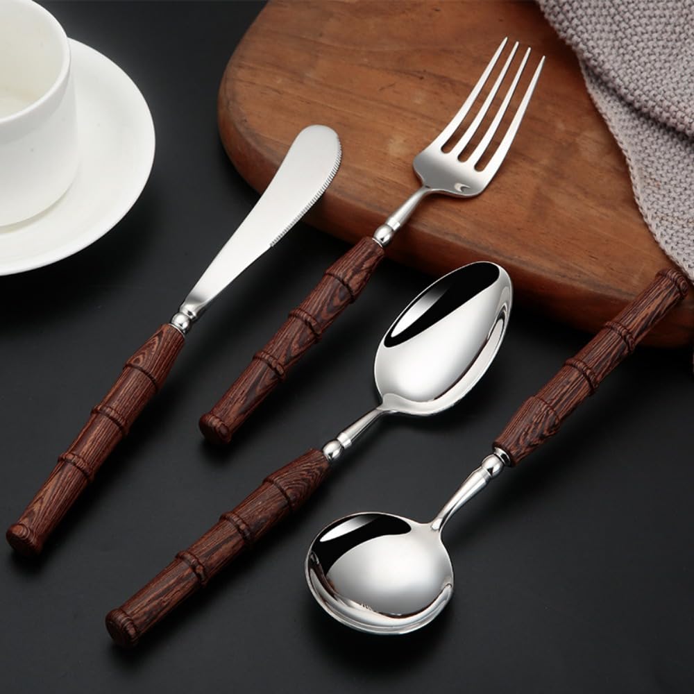 Vajilla de Cocina de Madera de Acero Inoxidable con Cubiertos, Incluye Cuchara, Cuchillo y Tenedor, Pulido Espejo (Color Claro, 16 Piezas)