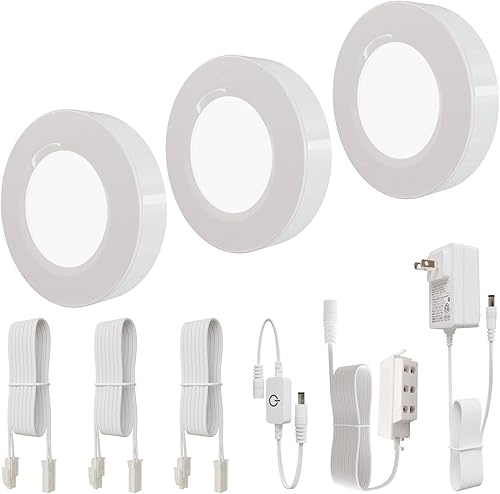 Luces LED de disco con cable, regulables debajo del gabinete, carcasa de aluminio con interruptor táctil, paquete de 3 unidades de 9 W 3000 K blanco