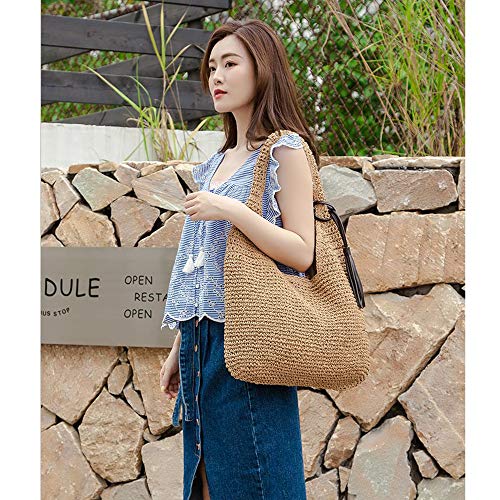 Bolso de hombro grande tejido de paja con flecos negros miniatura 2