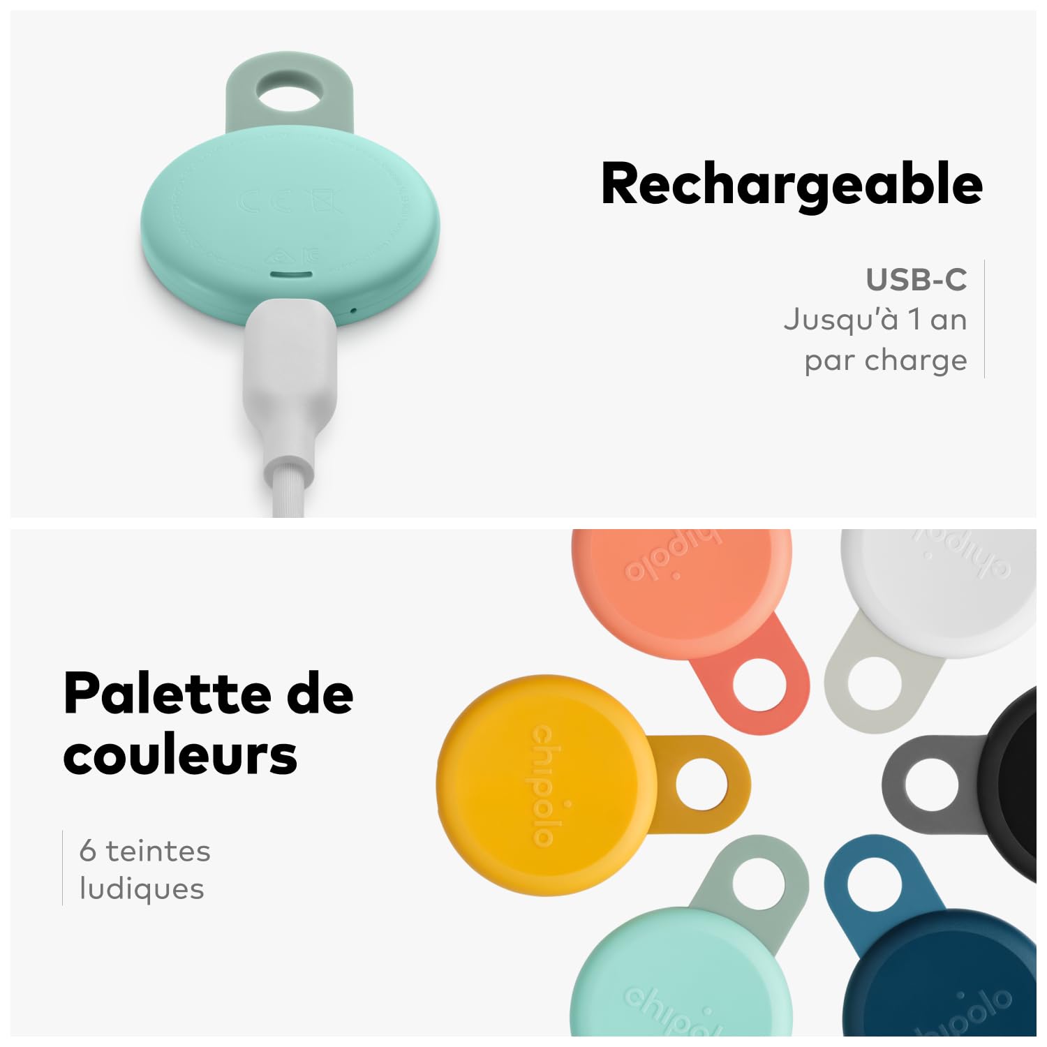 Chipolo LOOP - Tracker Bluetooth rechargeable pour clés et sacs, compatible Apple Localiser ou Google, Fais sonner ton téléphone & alertes hors portée Android