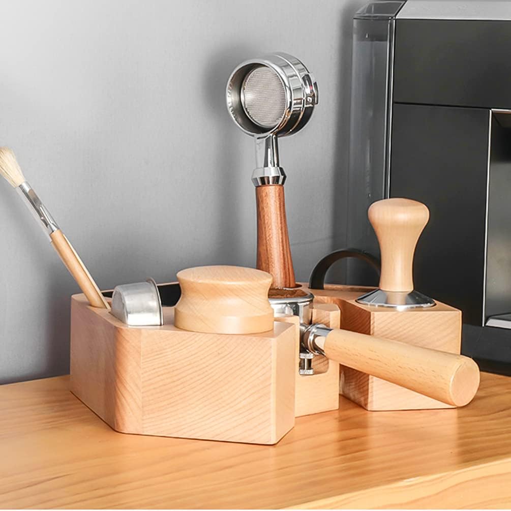 Coffee Filter Tamper Holder Wooden Espresso Machine Coffee Bar Accessories 8 in 1 Espresso Tamper Mat Stand Holder Tamping Station with knock box (51/54mm))