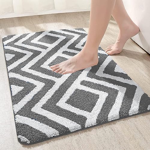 Image of Microfiber Shaggy Striped Design Bath Mat | Non Slip TPR Backing Absorbent Plush Door Floor Rug for Shower Bathroom Kitchen Living Room Home Decor (40x60 cm, Grey and White)