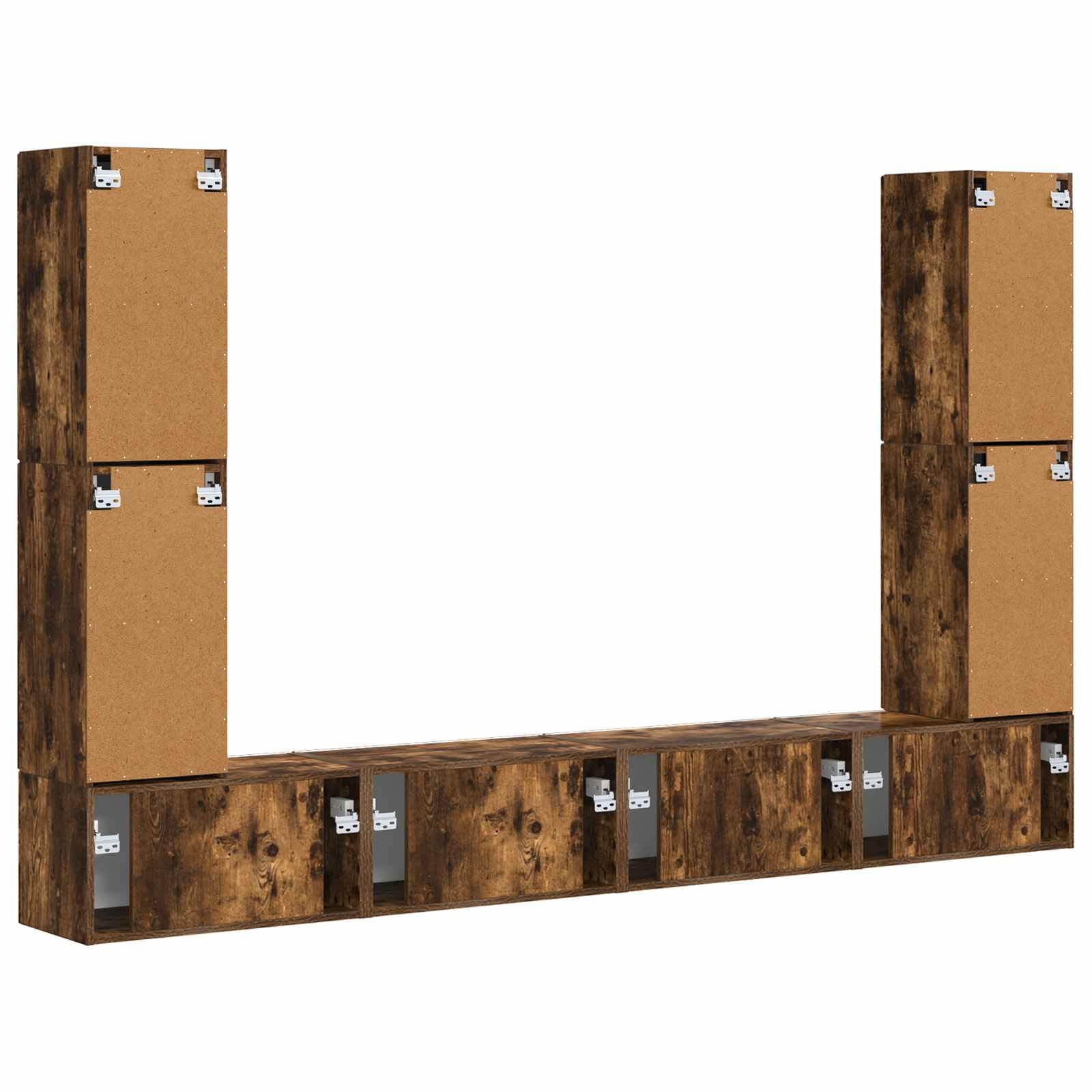 8-TLG. TV-Schrankset Wohnwand aus Holzwerkstoff, Geräucherte Eiche, Modernes Media-Center für Wohnzimmer, Wandregal-Set mit Stauraum für TV, Technik und Deko, 31x30x60cm & 60x31x29,5cm