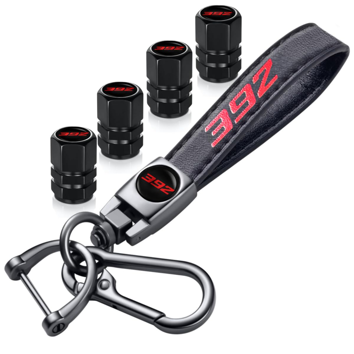 Tire Valve Stem Caps and Genuine Leather Car Keychain Keyring Compatible with Challenger Dakota Charger SRT 392 Avenger