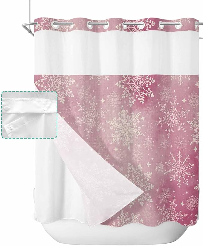 Anzona No Hook Shower Curtains, Pink Christmas Snowflake