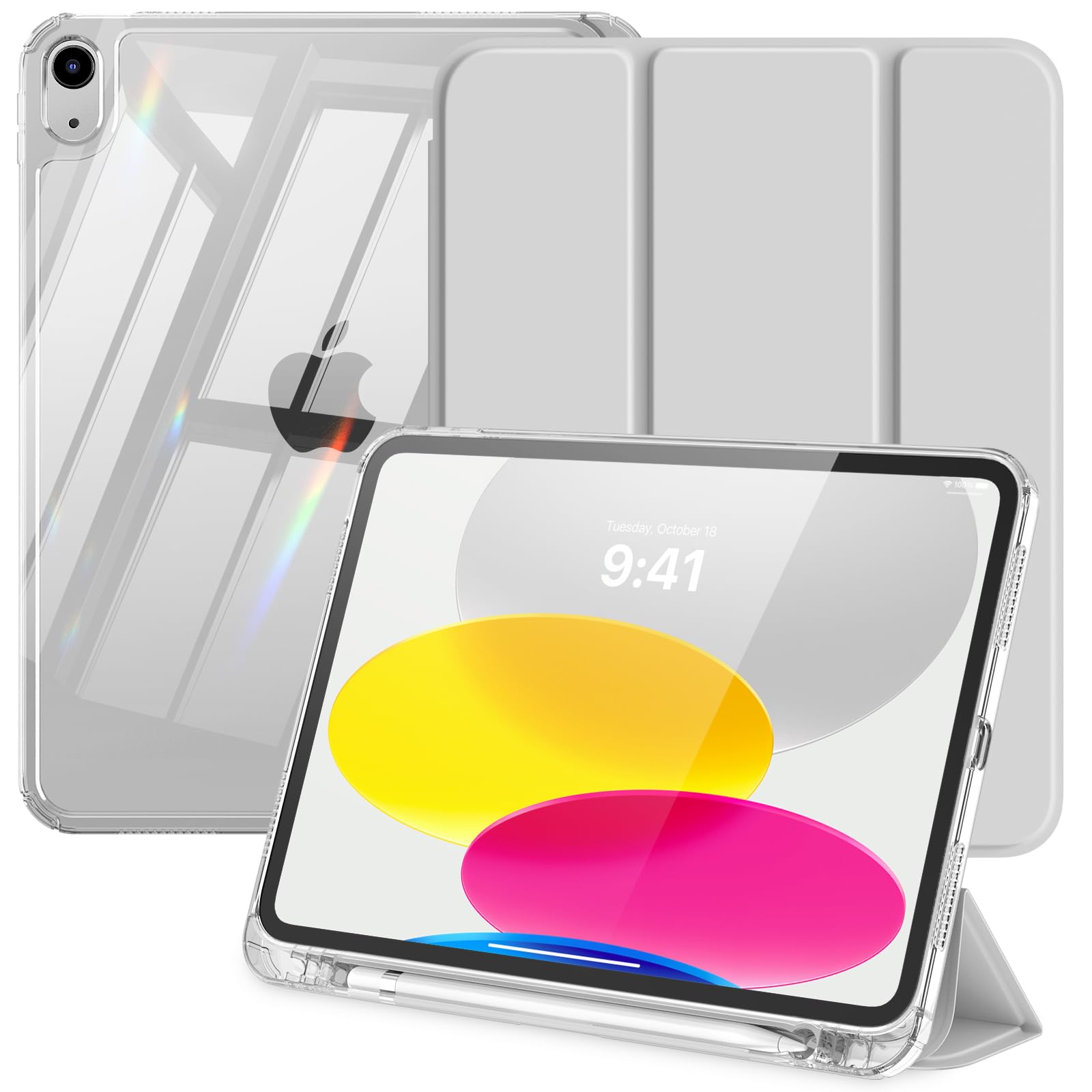 MoKo Custodia per iPad (A16) 11 Gen 11 Pollici (2025), Custodia per iPad 10 Gen (2022) con Portapenna Sinistro, Cover Sottile a Tre Ante per iPad-11 Pollici con Retro in TPU Trasparente, Argento