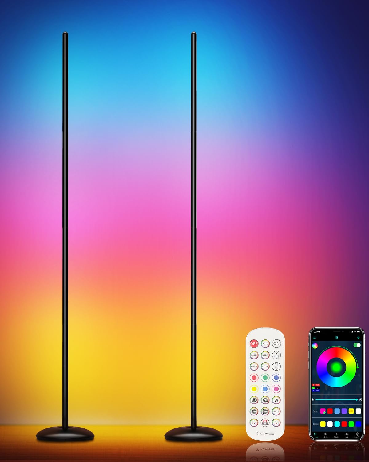 Vexinat Corner Floor Lamp, 2 Pack LED Floor Lamp with App & Remote, Smart RGB Corner Lamp with 16 Million Colors, Music Sync, Scene Modes, Color Changing Standing Lamps for Living Room, Bedroom