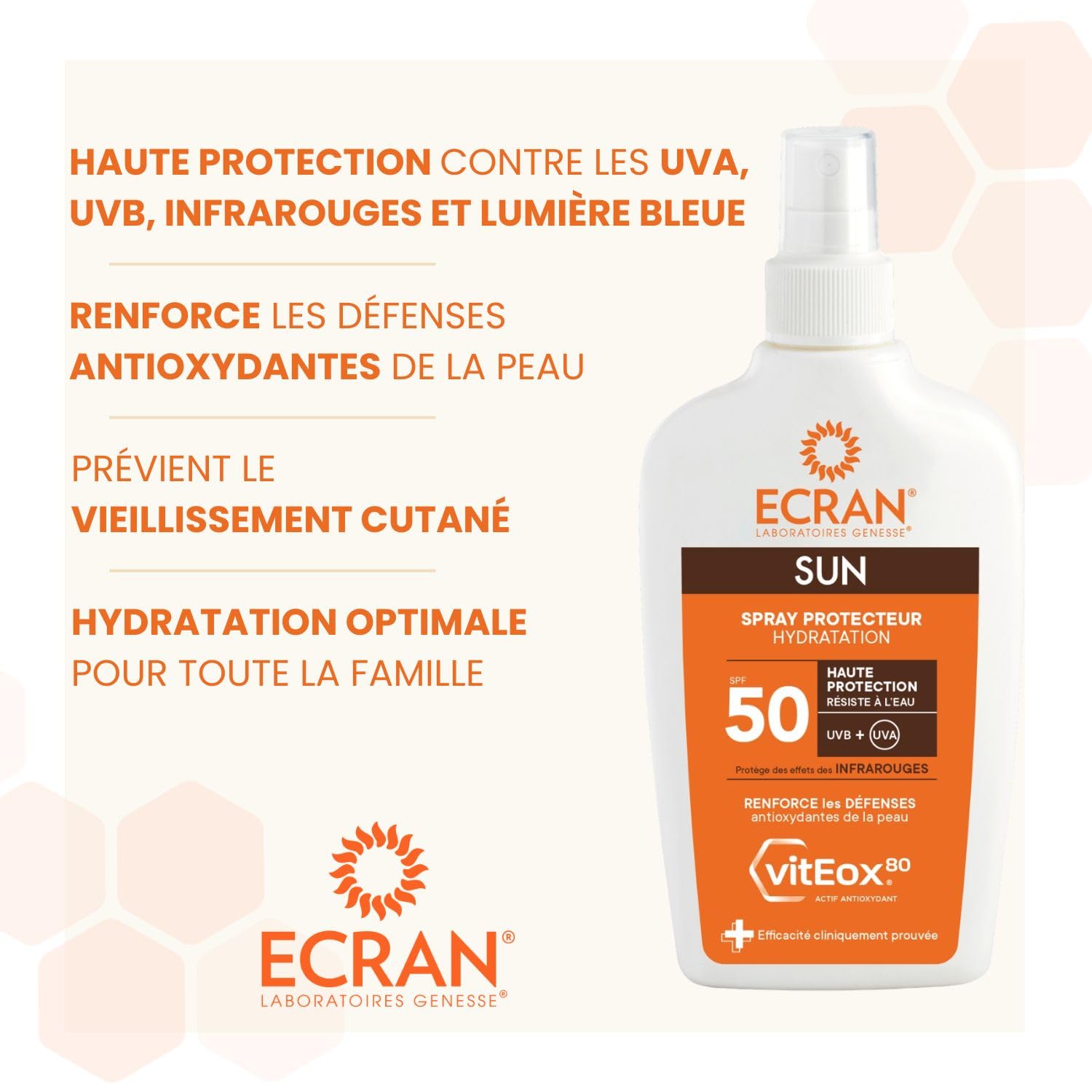 ECRAN® - Spray Protecteur Hydratant - Haute Protection - Technologie vitEox80 - Vitamine E - Protection UVA, UVB, Coups de Soleil - Protection Solaire SPF 50 - Bronzage naturel - Format Voyage