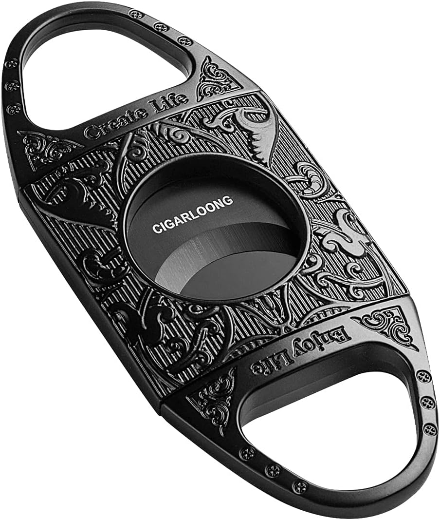 CIGARLOONG Cigar Cutter Black Engraved Stainless Steel Double Self