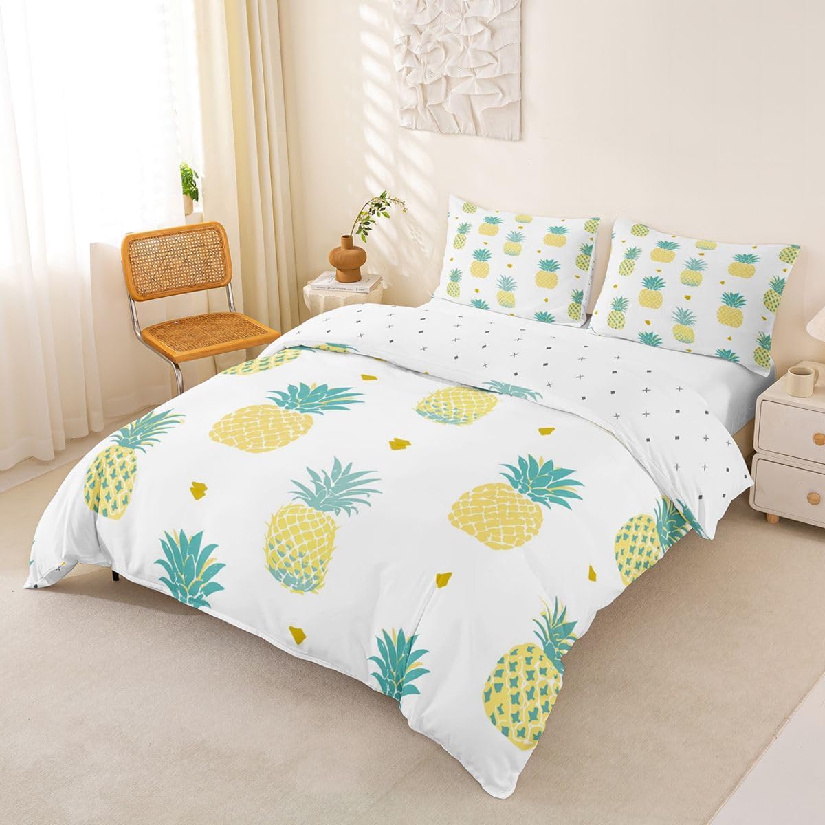 Pineapple Bedding Set for Girls Boys Kids Tropical Fruit Print Comforter Cover Set Fresh Pineapple Pattern Room Decorative Duvet Cover Cartoon Pineapple Bedspread Cover Queen Size 3Pcs Bedclothes