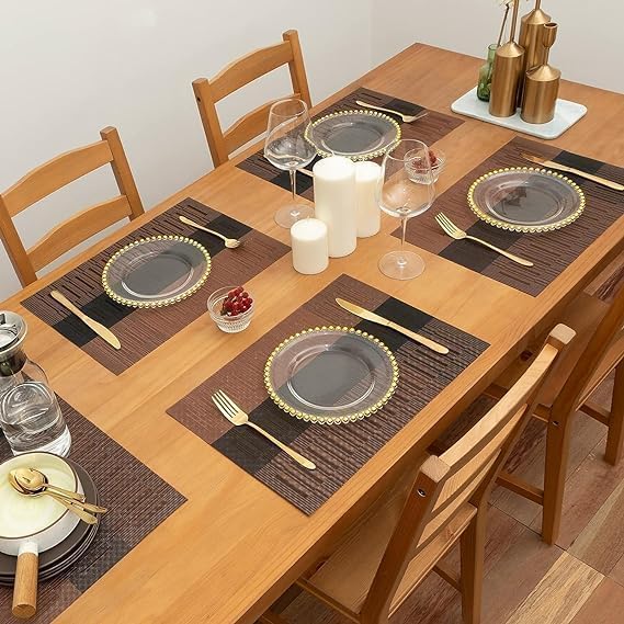 Image of Heat Resistant PVC Placemats Set of 4 for Dining Table | Non-Slip, Washable & Waterproof Table Mats for Kitchen, Home & Restaurants | Elegant Brown & Black Ripple Design