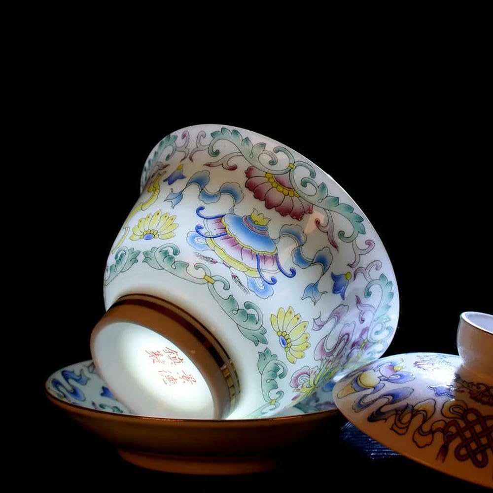 Farbige Emaille Sancai Gaiwan Weißes Porzellan Deckel Schüssel Untertasse Große Teetasse Handgefertigte Terrine Reise-Teegeschirr-Set Geschenk ()