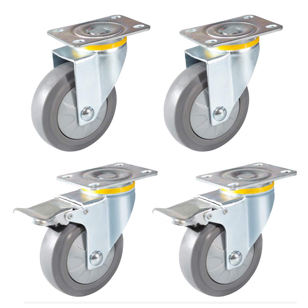 4 Ruedas giratorias de Alta Resistencia con Doble Bloqueo, Placa Superior de 360°, Caucho TPR Gris, sin Ruido, Doble rodamiento de Bolas, carros y Muebles (4 Pulgadas).