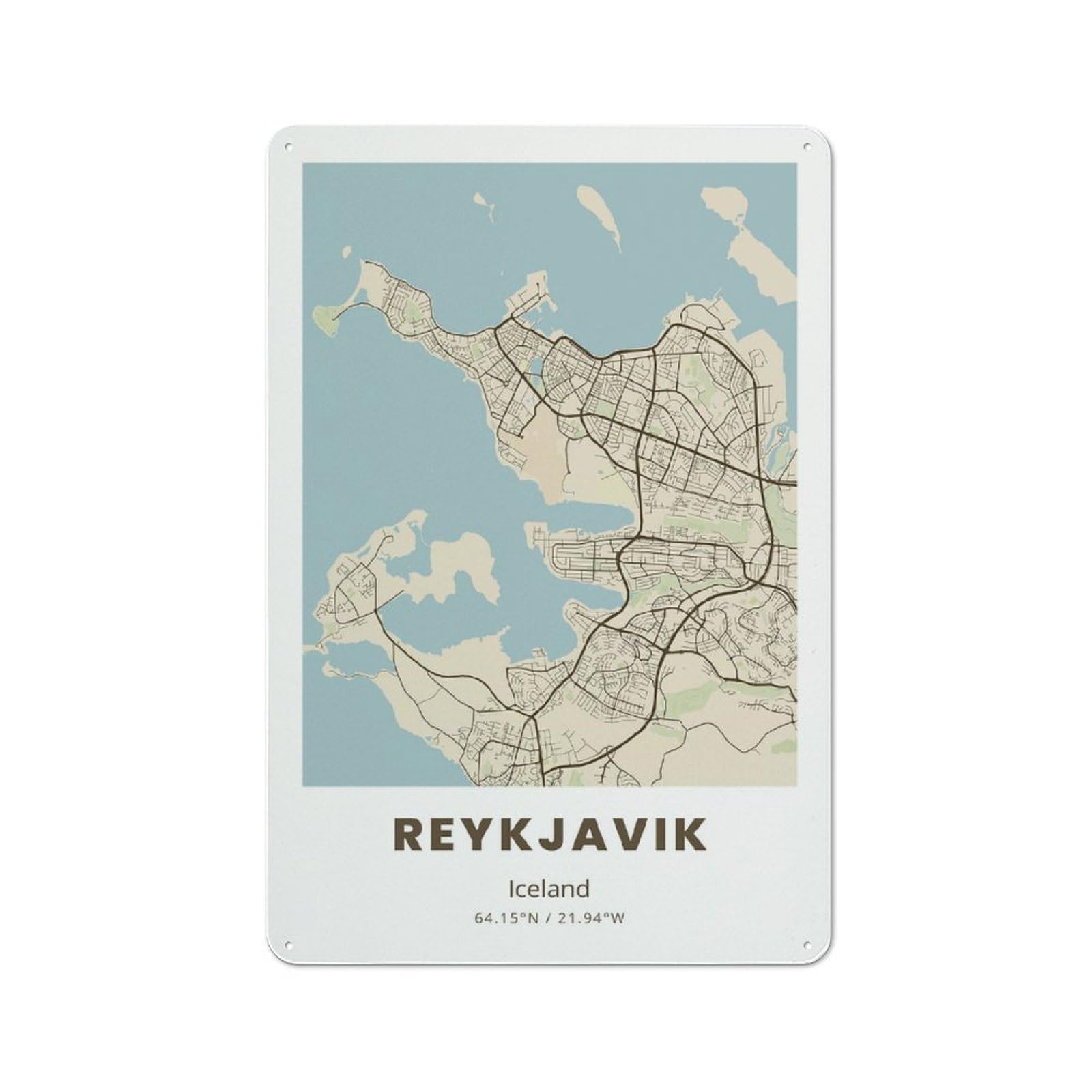 Junmoney Reykjavik City Map Metal Wall Sign 30X20cm, Clean Industrial Loft Wall Plaque For Workspace, Cafe, Hallway Or Garage