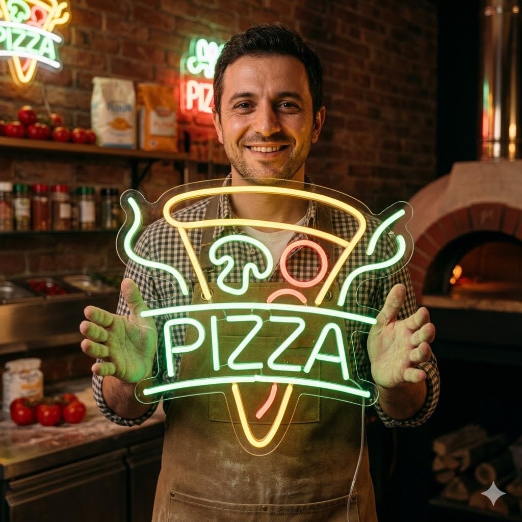Letrero LED Pizza, Metacrilato, 40 x 38cm | Bajo Coste, Cartel Luminoso, Escaparate, Decoración de Pared, Luz Brillante, Alimentación 12v