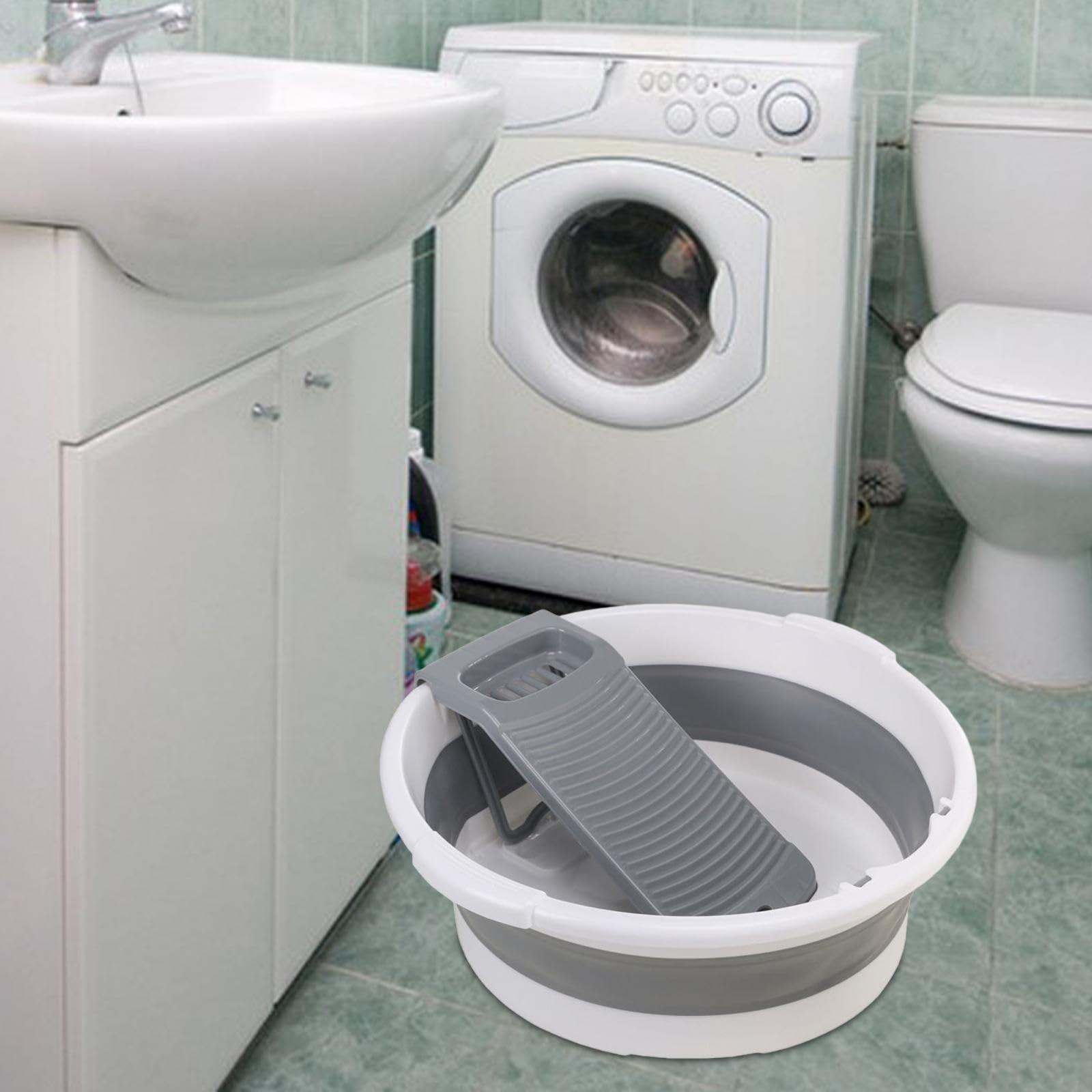Waschbrettbecken Handwäsche Waschbecken mit Integrierter Waschplatte Und Seifenschale Aus Dickem PP Tragfähig Faltbar Und Tragbar für Camping R, grau