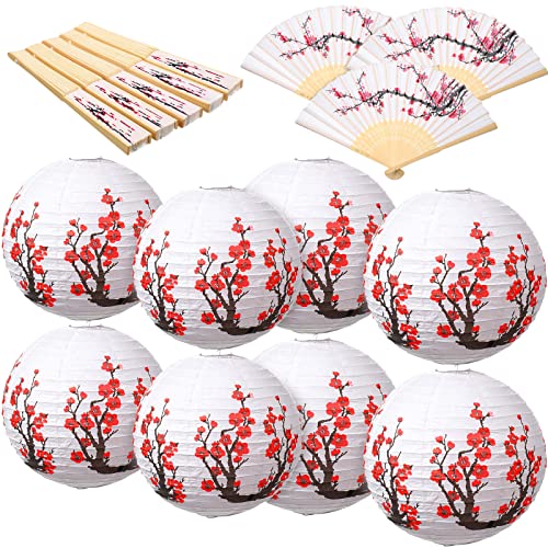 16 Pcs Cherry Blossom Decoration Includes 8 Chinese Japanese Cherry Blossom Paper Lanterns 12 Inch 8 Cherry Flowers Folding Fan for Restaurant Church Wedding Party DIY Decoration