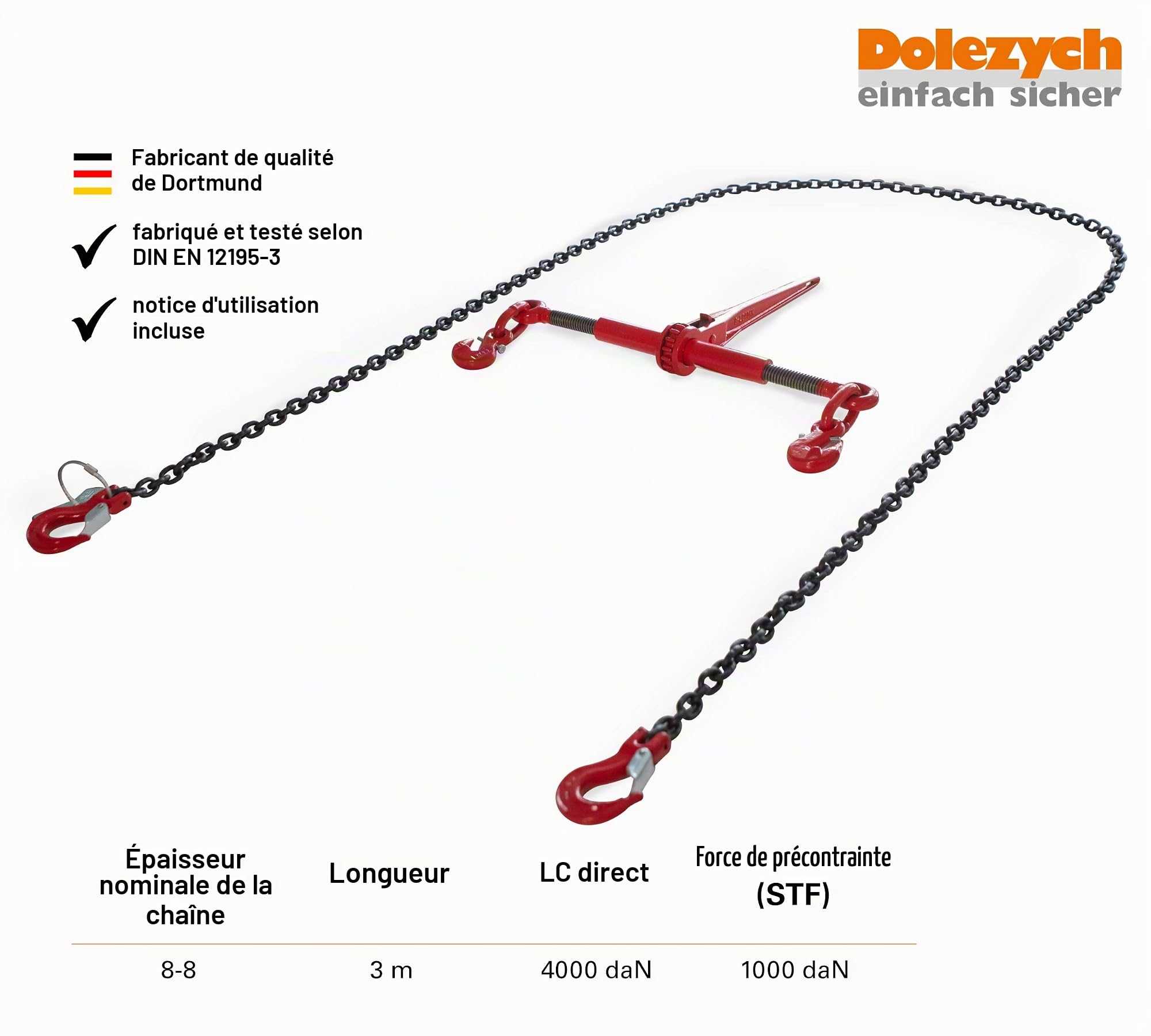 Chaîne d'Arrimage à Tendeur Dolezych avec Crochets à Chape et Tendeur à Cliquet avec Crochets Parallèles, 2 Pièces, Capacité d'Arrimage 4000 daN en Traction Directe, Longueur 3 m - Noir/Rouge