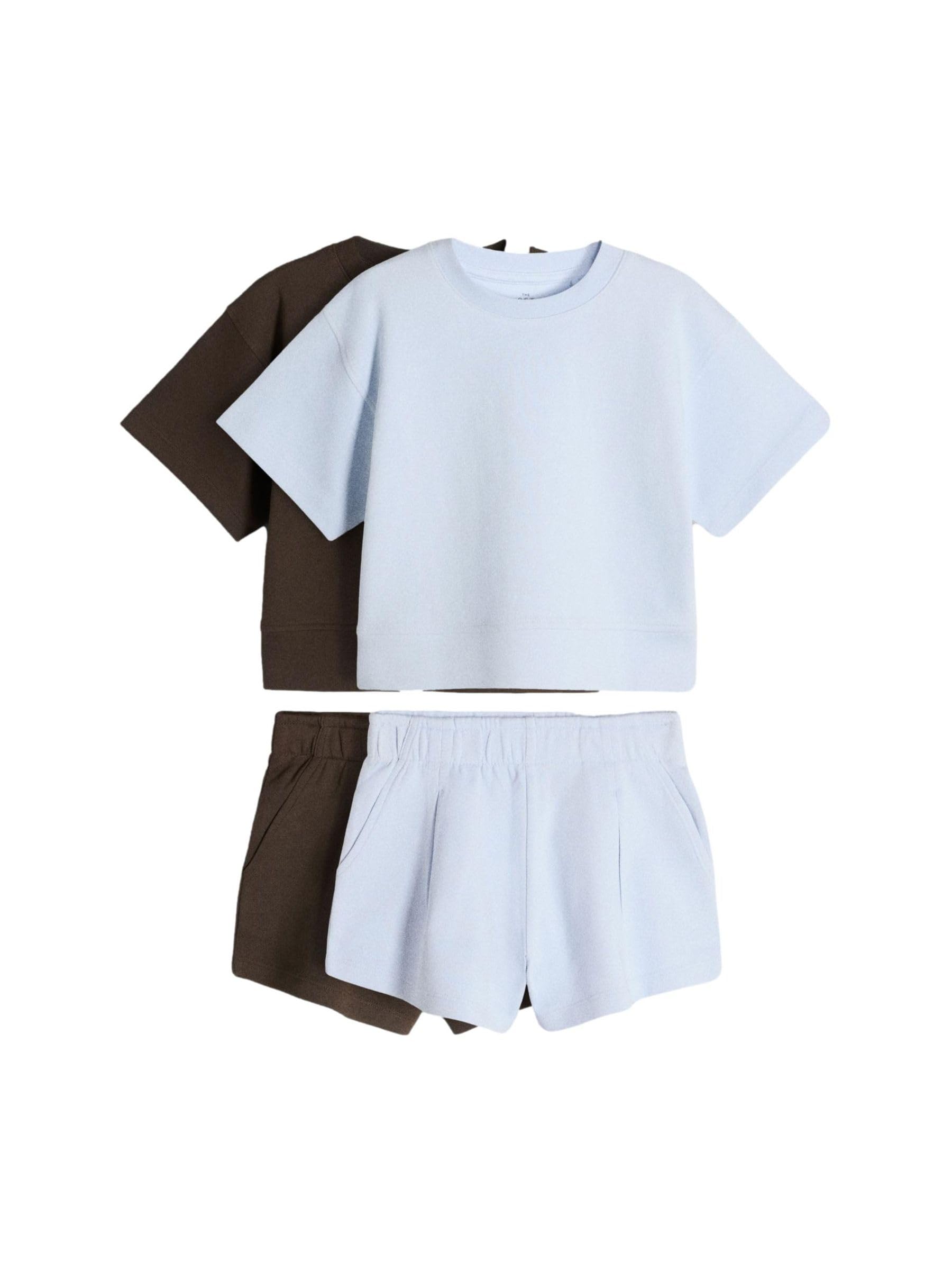 THE SET Mädchen Rundhals-Oberteil aus Interlock-Jersey mit Shorts, 2er-Pack