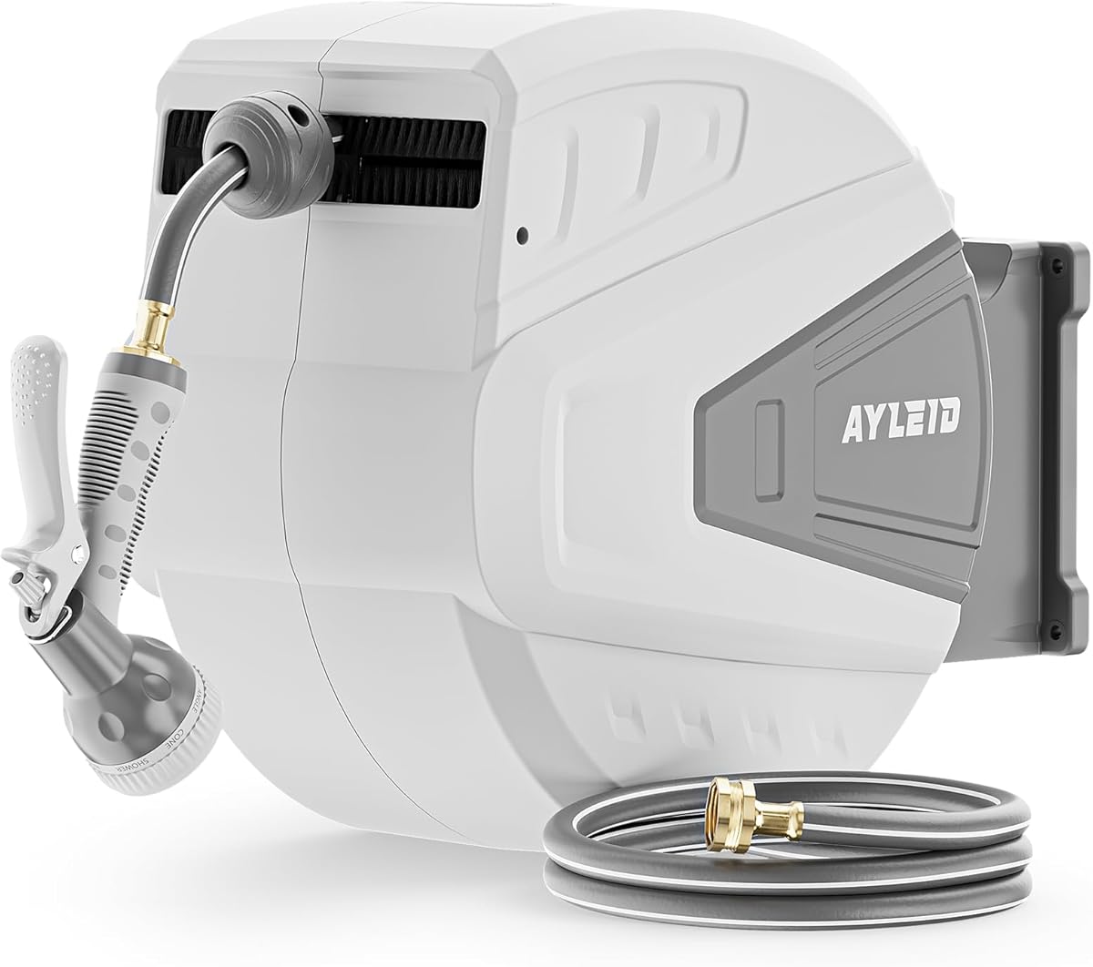 Ayleid Retractable Garden Hose Reel,5/8 in x 100 FT Wall Mounted Hose Reel, with 9- Function Sprayer Nozzle, Any Length Lock/Slow Return System/Wall Mounted/180°Swivel Bracket (Gray)