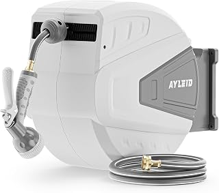 Ayleid 5/8" x 100ft Retractable Garden Hose Reel - Wall Mount, 9-Function Nozzle, Any Length Lock, Slow Return, 180° Swivel Bracket (Gray)