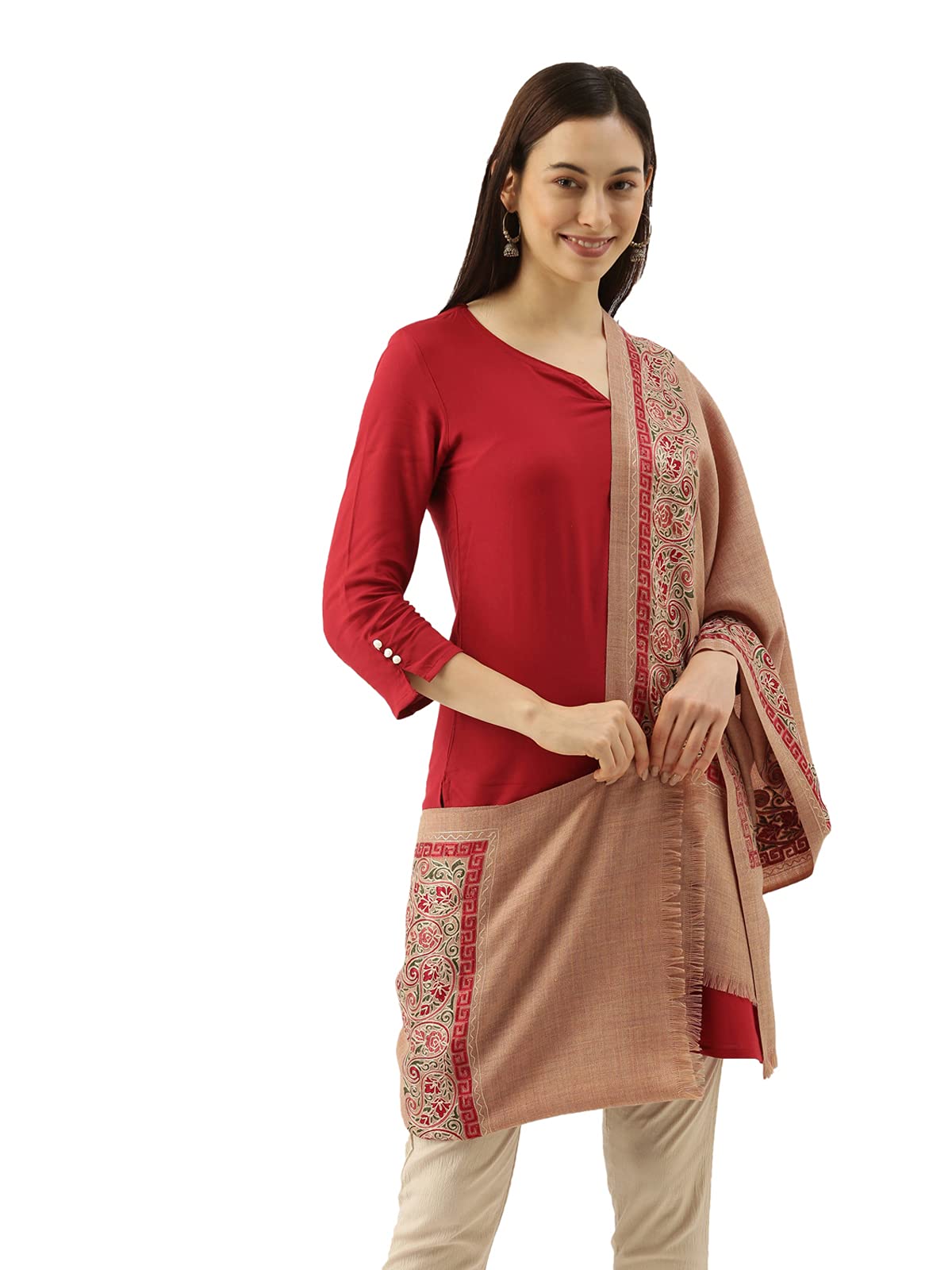 Women’s 100% Pure Wool Nalki Embroidered Stole, Shawl and Wrap, Woolmark Certified, Sustainable and Natural Fabric (Size 28x80)-image-6