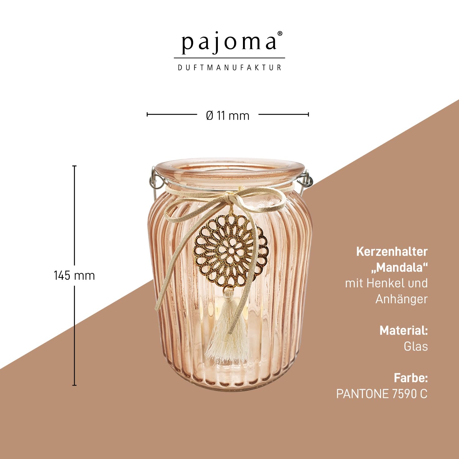 pajoma® Kerzenhalter 12er-Set aus Glas - mit Henkel und Anhänger, Mandala | H 14.5 x Ø 11 cm, Pantone 7590C Tischdekoration für Hochzeit, Deko