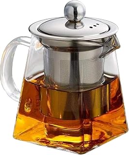950ml Glass Stainless Steel Infuser Teapot | Square Tea Pot for Loose Leaf Tea, Scented Tea and Coffee, Clear Design for Brewing and Serving at Home