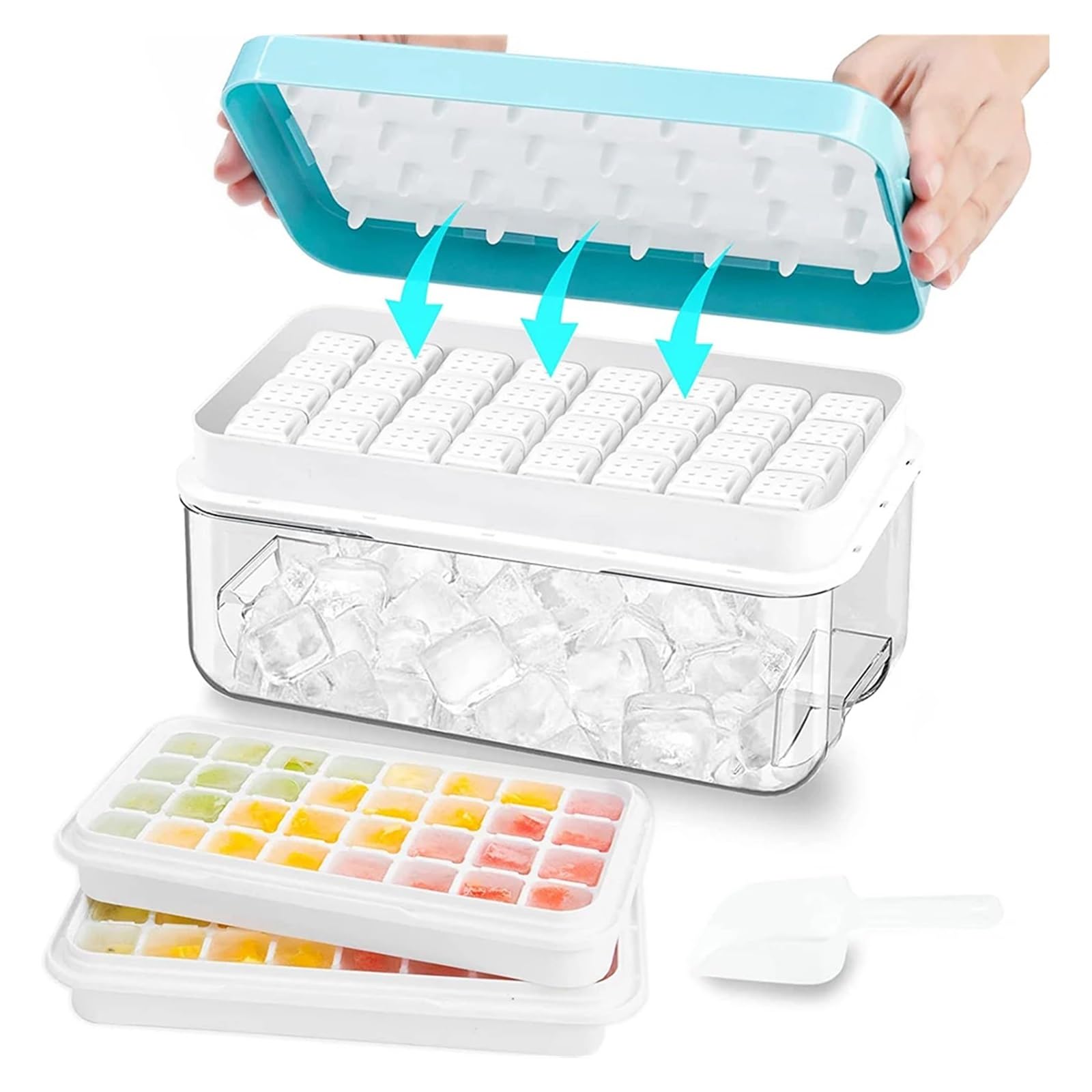 Cubiteras Para Hielo Bandeja de cubitos de hielo con 2 bandejas apilables, moldes de silicona con compartimento for congelador, 64 nuggets(Blue)