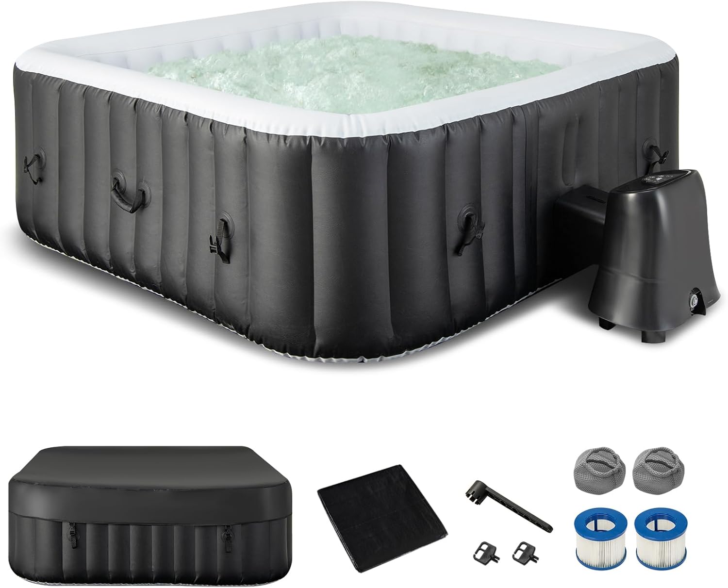 GYMAX Hot Tub, Inflatable Hot Tub with 130 Soothing Bubble Air Jets, Insulated Lockable Cover, Ground Mat & Filter Cartridges, Outdoor Blow Up Spa Tub for Backyard, Patio (Square, 4-6 Person)