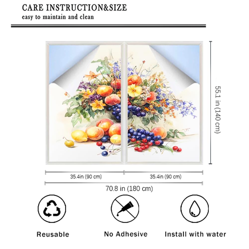Fensterfolie, Motiv: Aquarell, Blumen, Früchte, Buntglas, Bauernhaus, Retro, Frucht, dekorative Milchglas-Sichtschutzfolie, Wärmeregulierung, statische Haftung, Fensteraufkleber, 90 x 140 cm, 2 Stück