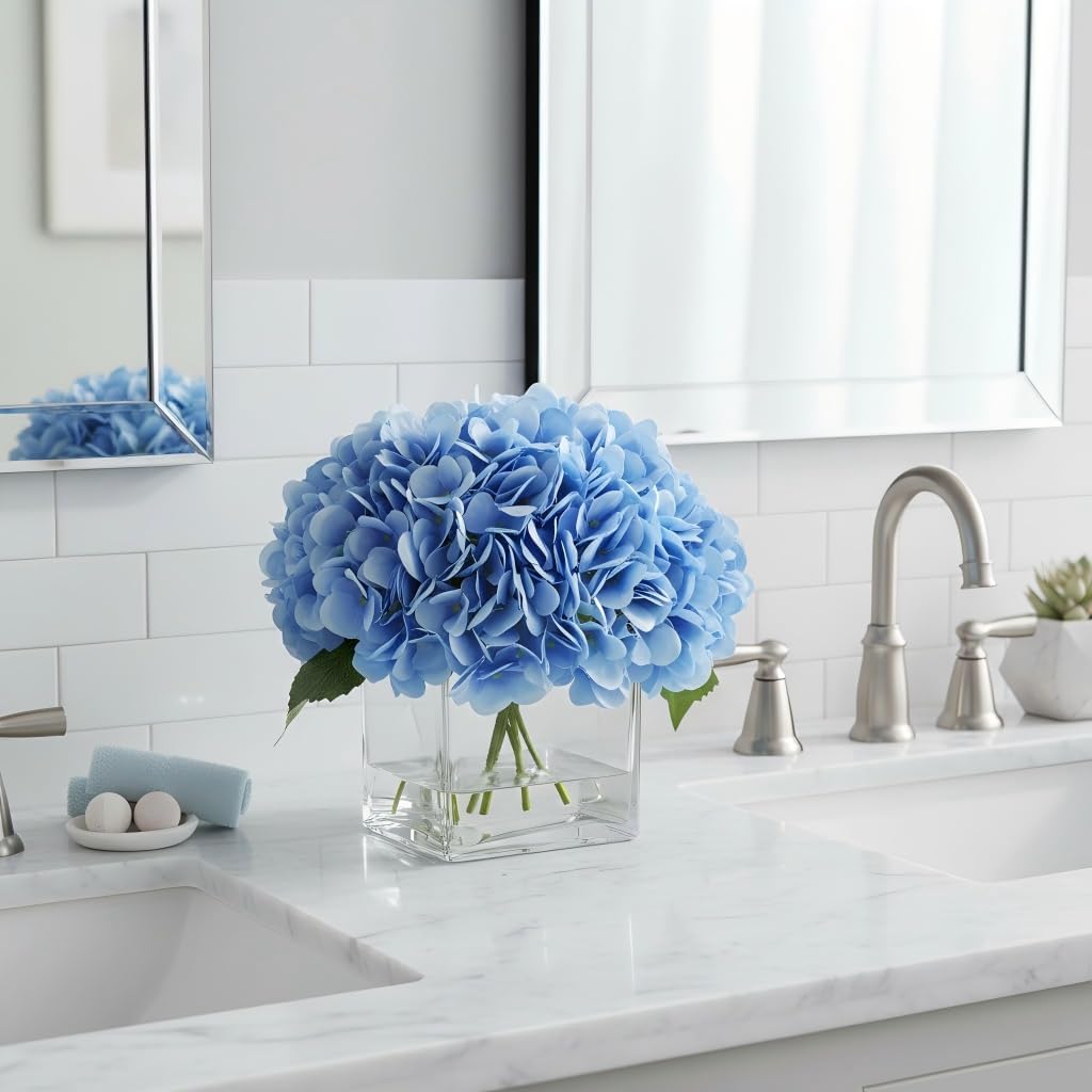 Blue Hydrangea Flowers in Vase, Silk Flowers in Vase with Faux Water for Home Decor Indoor, Wedding Table (Blue) - Image 6