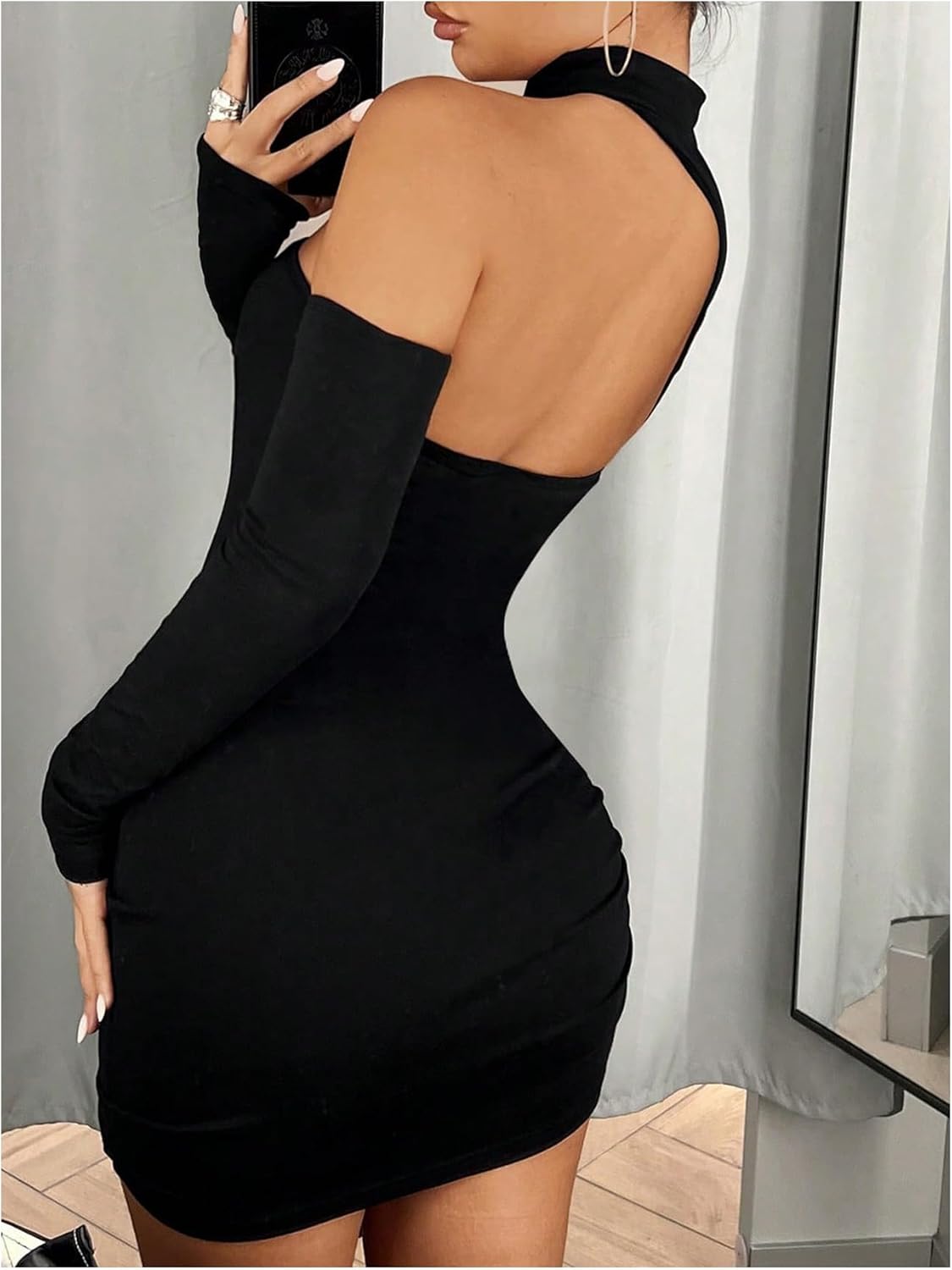 Milumia Women's Sexy Cut Out Mock Neck Bodycon Dress Ruched Long Sleeve Party Club Mini Dresses - Image 3