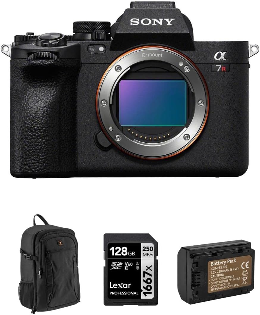 Alpha a7R V Full-Frame Mirrorless Digital Interchangeable Lens Camera Body - Bundle with 128GB UHS-II SDXC Memory Card, Backpack, Extra Battery, Sony 1 Year Limited Warranty